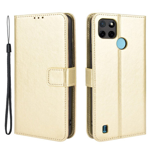 Crazy Horse PU Leather + TPU Wallet Card Slots Protective Cellphone Shell with Stand for Realme C21Y - Gold