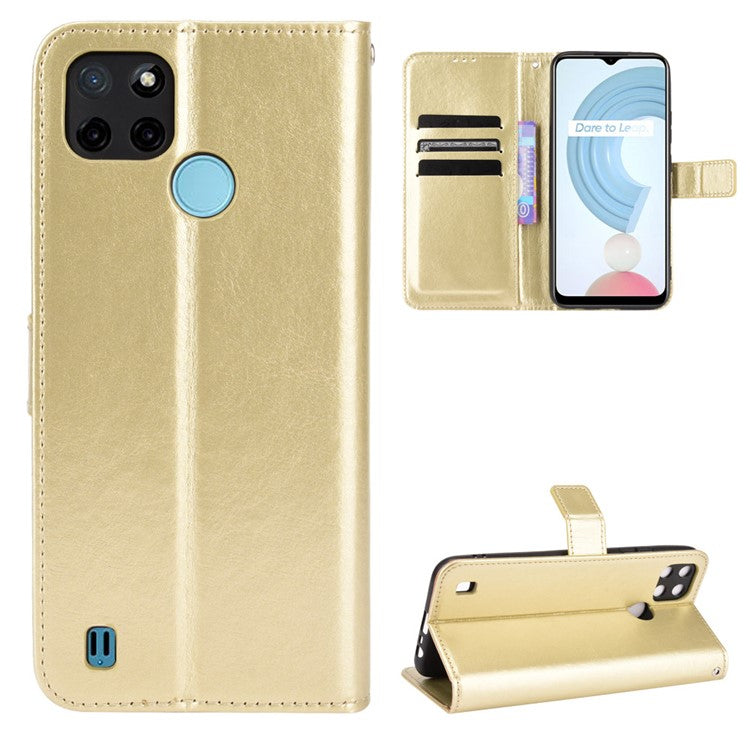 Crazy Horse PU Leather + TPU Wallet Card Slots Protective Cellphone Shell with Stand for Realme C21Y - Gold