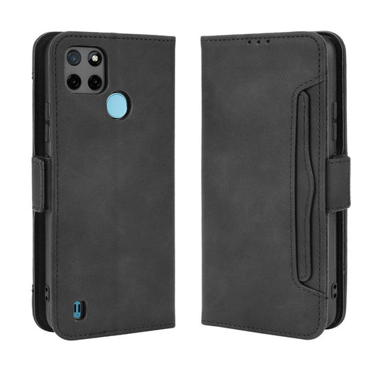 Anti-Fall Shockproof Vintage Multiple Card Slots PU Leather Phone Case Wallet Cover with Stand for Realme C21Y - Black