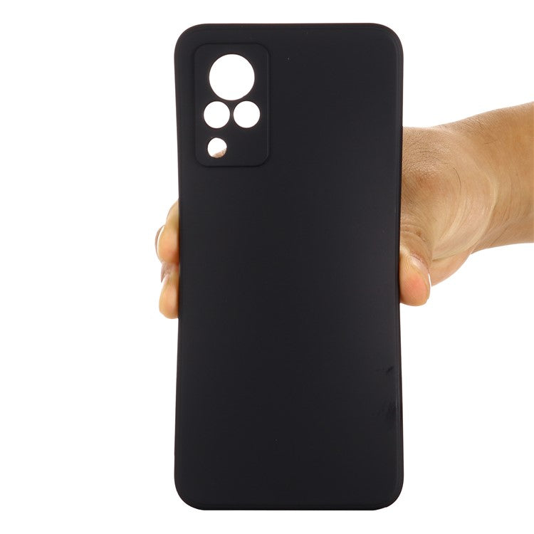 Shockproof Phone Cover Precise Cutout Solid Color Liquid Silicone Phone Case with Handy Strap for vivo V21 4G - Black