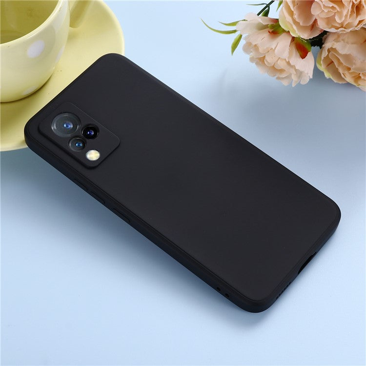 Shockproof Phone Cover Precise Cutout Solid Color Liquid Silicone Phone Case with Handy Strap for vivo V21 4G - Black
