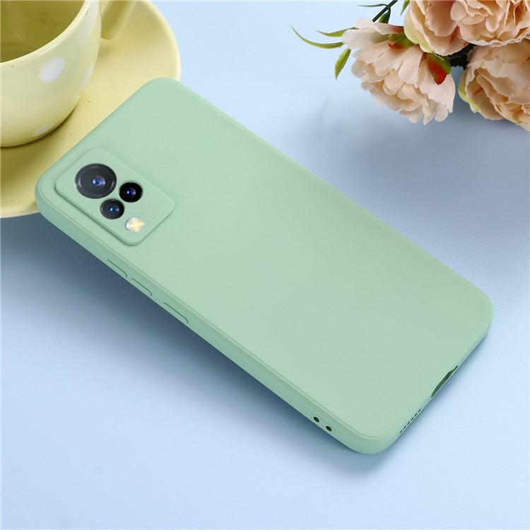 Shockproof Phone Cover Precise Cutout Solid Color Liquid Silicone Phone Case with Handy Strap for vivo V21 4G - Green