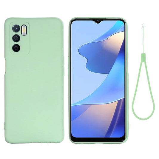 Microfiber Liner Shockproof Precise Cutout Solid Color Liquid Silicone Phone Case with Handy Strap for Oppo A16/A16S (Global) - Green