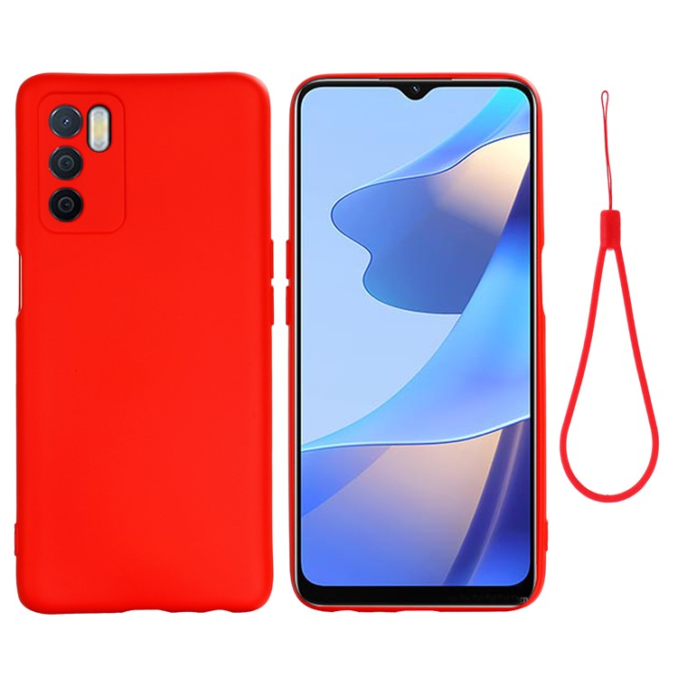 Microfiber Liner Shockproof Precise Cutout Solid Color Liquid Silicone Phone Case with Handy Strap for Oppo A16/A16S (Global) - Red