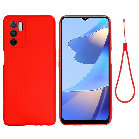 Microfiber Liner Shockproof Precise Cutout Solid Color Liquid Silicone Phone Case with Handy Strap for Oppo A16/A16S (Global) - Red
