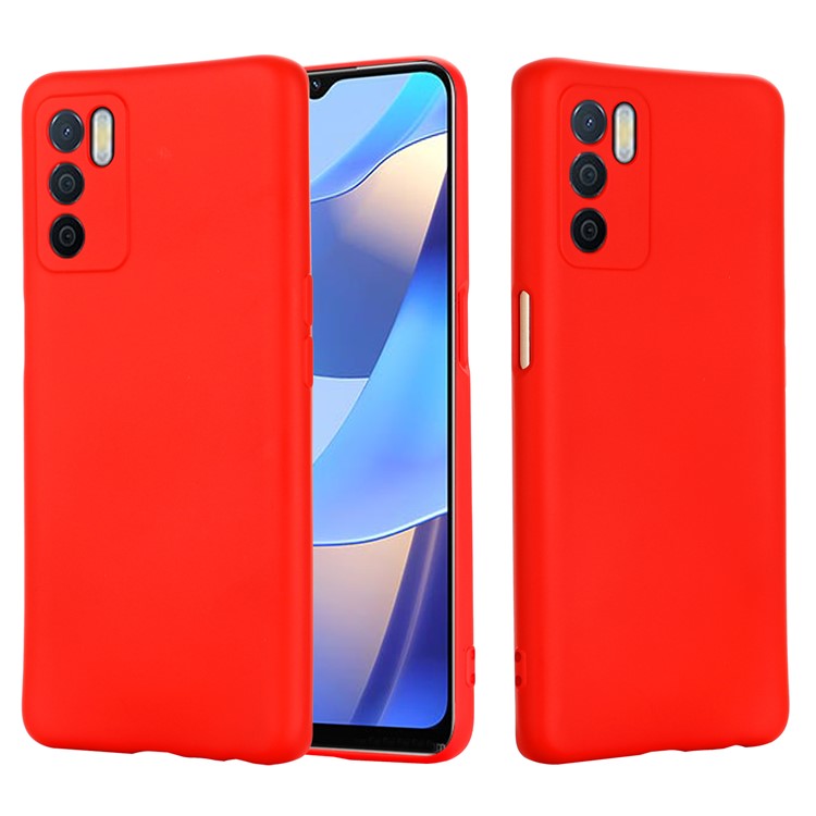 Microfiber Liner Shockproof Precise Cutout Solid Color Liquid Silicone Phone Case with Handy Strap for Oppo A16/A16S (Global) - Red