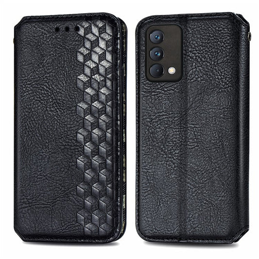 Stylish Rhombus Imprinting Magnetic Auto-absorbed Leather Protective Case Shell with Wallet Stand for Realme GT Master - Black
