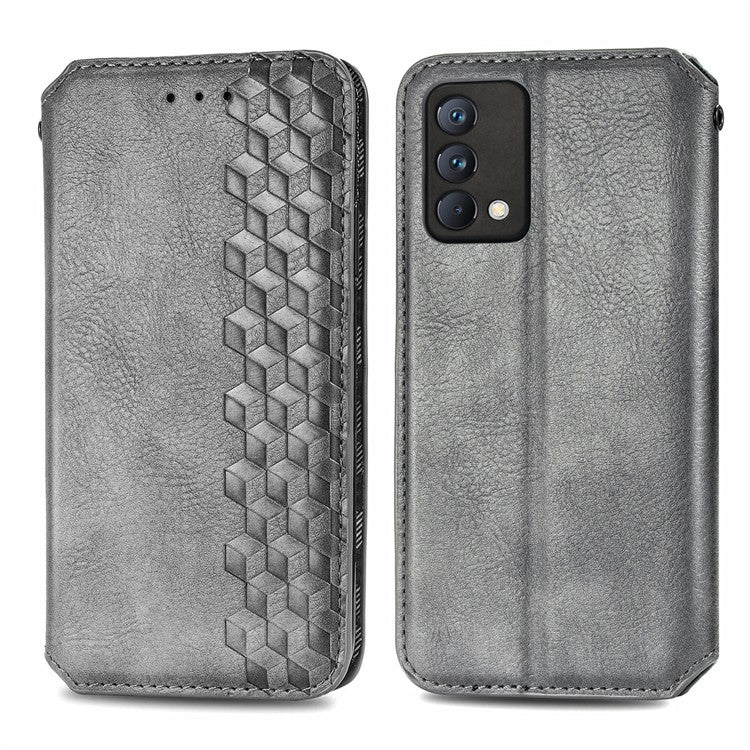 Stylish Rhombus Imprinting Magnetic Auto-absorbed Leather Protective Case Shell with Wallet Stand for Realme GT Master - Grey