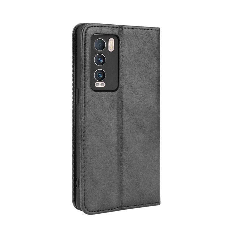 Retro Surface Well-Protected Anti-Drop Auto-Absorbed Leather Phone Wallet Stand Case Cover for Realme GT Explorer Master - Black