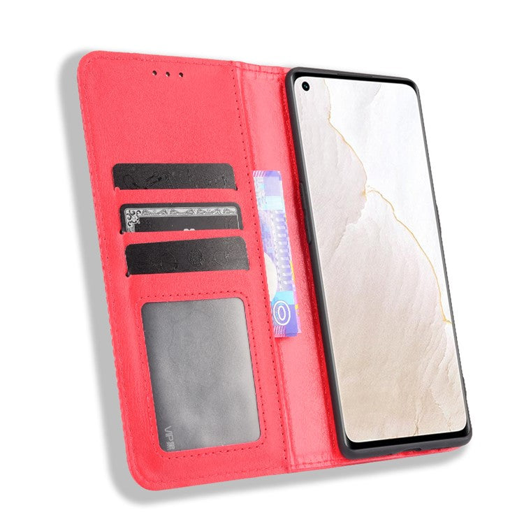 Retro Surface Well-Protected Anti-Drop Auto-Absorbed Leather Phone Wallet Stand Case Cover for Realme GT Explorer Master - Red