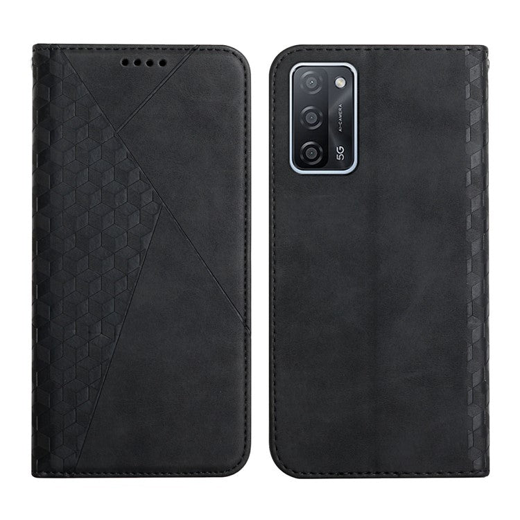 Rhombus Pattern Skin-touch Feel Magnetic Absorption Leather Protective Phone Cover Case for Oppo A16/A16s/A54s/A55 5G/A53s 5G - Black