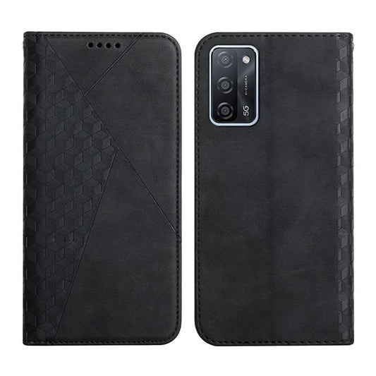 Rhombus Pattern Skin-touch Feel Magnetic Absorption Leather Protective Phone Cover Case for Oppo A16/A16s/A54s/A55 5G/A53s 5G - Black