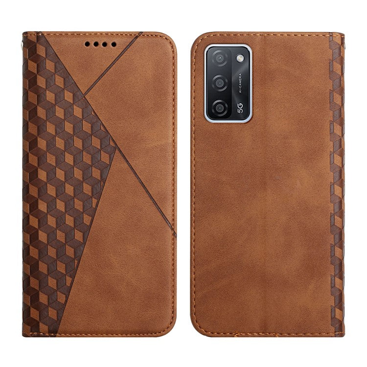 Rhombus Pattern Skin-touch Feel Magnetic Absorption Leather Protective Phone Cover Case for Oppo A16/A16s/A54s/A55 5G/A53s 5G - Brown
