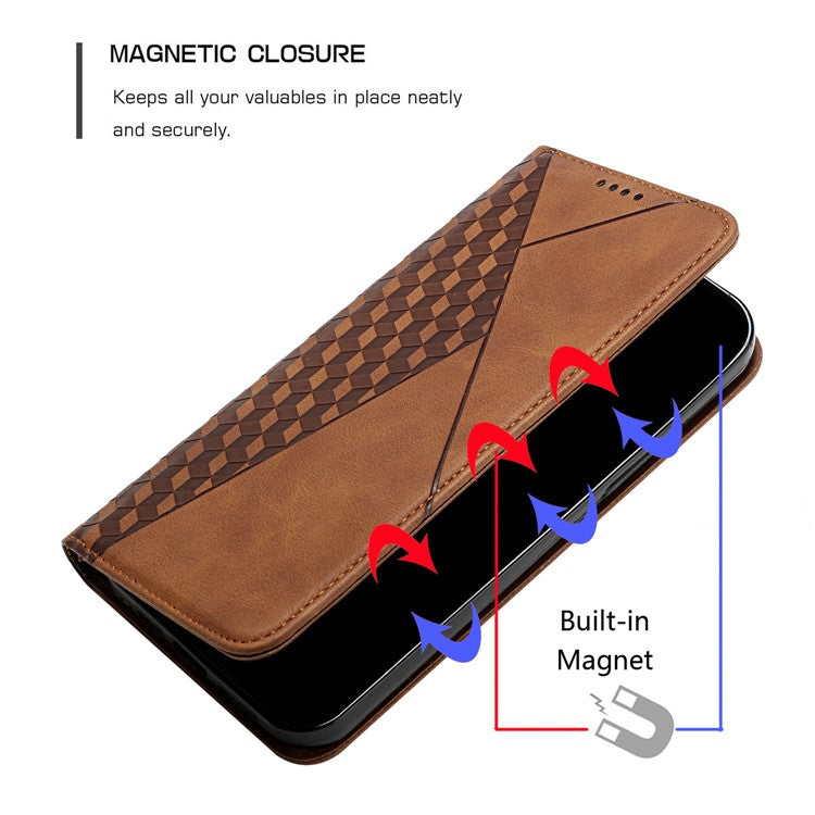Rhombus Pattern Skin-touch Feel Magnetic Absorption Leather Protective Phone Cover Case for Oppo A16/A16s/A54s/A55 5G/A53s 5G - Brown