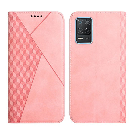 Skin-touch Auto-absorbed Rhombus Pattern Leather Phone Stand Cover Wallet Case for Realme 8 5G/V13 5G/Narzo 30 5G - Rose Gold