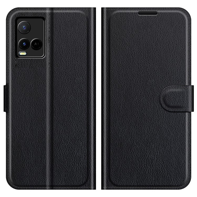 For vivo Y21 Practical Design Phone Case Wallet Stand Litchi Skin Flip Leather Phone Cover Shell - Purple - Black