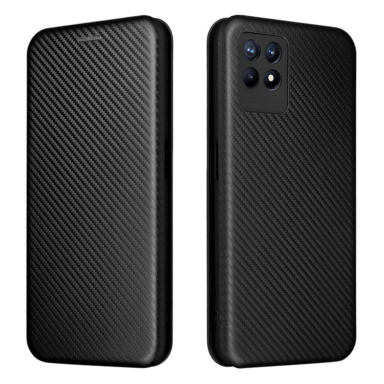 Carbon Fiber Texture Auto-absorbed Leather Stand Phone Shell Case with Ring Strap for Realme 8i - Black