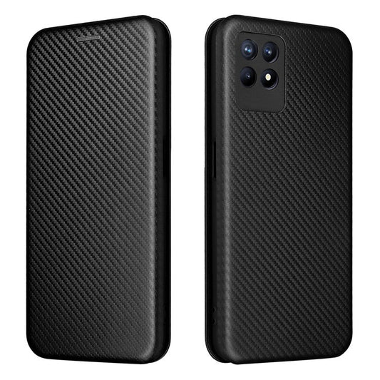 Carbon Fiber Texture Auto-absorbed Leather Stand Phone Shell Case with Ring Strap for Realme 8i - Black