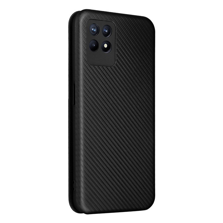 Carbon Fiber Texture Auto-absorbed Leather Stand Phone Shell Case with Ring Strap for Realme 8i - Black