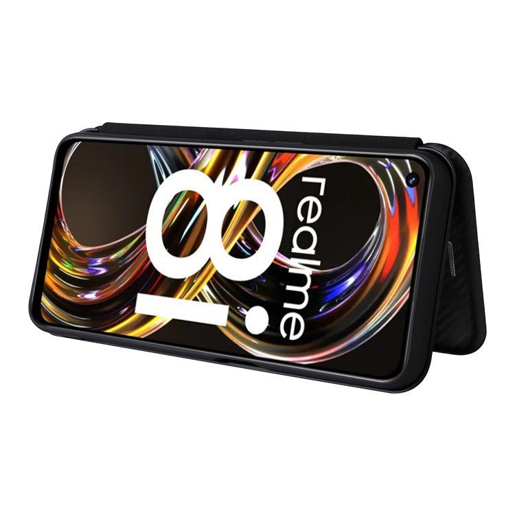 Carbon Fiber Texture Auto-absorbed Leather Stand Phone Shell Case with Ring Strap for Realme 8i - Black