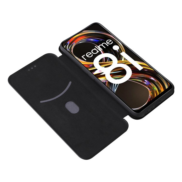 Carbon Fiber Texture Auto-absorbed Leather Stand Phone Shell Case with Ring Strap for Realme 8i - Black