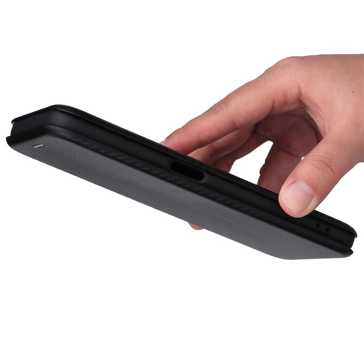 Carbon Fiber Texture Auto-absorbed Leather Stand Phone Shell Case with Ring Strap for Realme 8i - Black