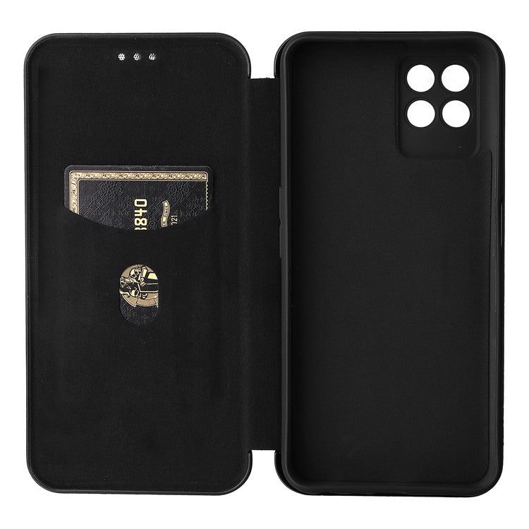 Carbon Fiber Texture Auto-absorbed Leather Stand Phone Shell Case with Ring Strap for Realme 8i - Black