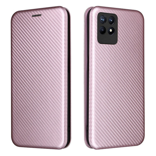 Carbon Fiber Texture Auto-absorbed Leather Stand Phone Shell Case with Ring Strap for Realme 8i - Rose Gold