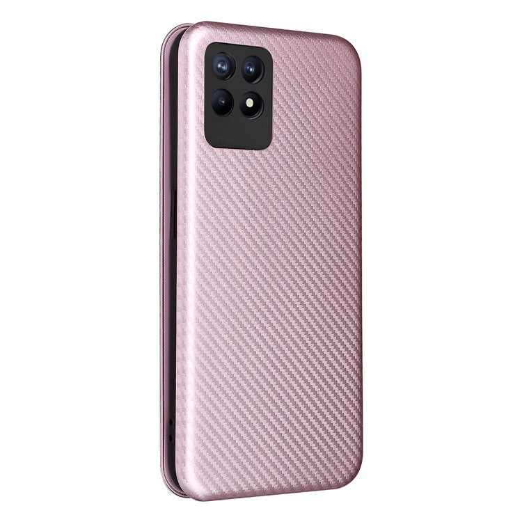 Carbon Fiber Texture Auto-absorbed Leather Stand Phone Shell Case with Ring Strap for Realme 8i - Rose Gold
