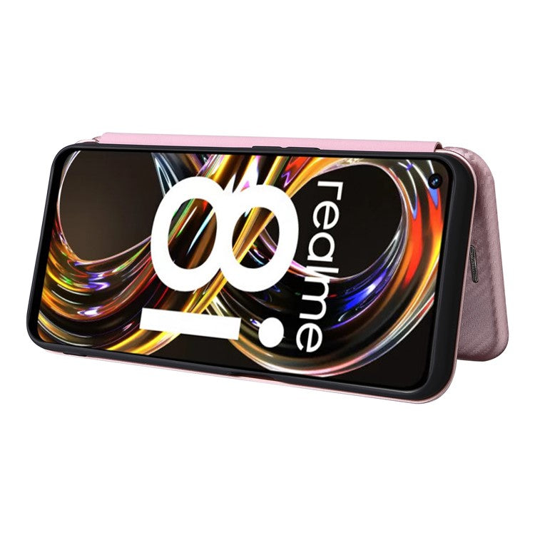 Carbon Fiber Texture Auto-absorbed Leather Stand Phone Shell Case with Ring Strap for Realme 8i - Rose Gold