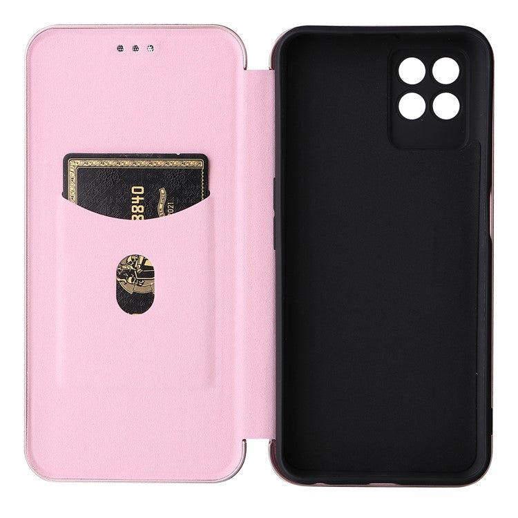 Carbon Fiber Texture Auto-absorbed Leather Stand Phone Shell Case with Ring Strap for Realme 8i - Rose Gold