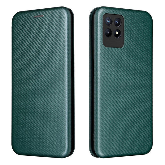 Carbon Fiber Texture Auto-absorbed Leather Stand Phone Shell Case with Ring Strap for Realme 8i - Green
