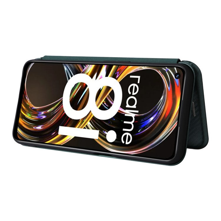 Carbon Fiber Texture Auto-absorbed Leather Stand Phone Shell Case with Ring Strap for Realme 8i - Green