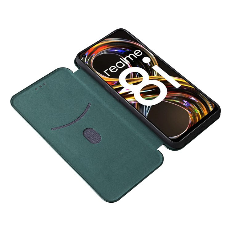 Carbon Fiber Texture Auto-absorbed Leather Stand Phone Shell Case with Ring Strap for Realme 8i - Green