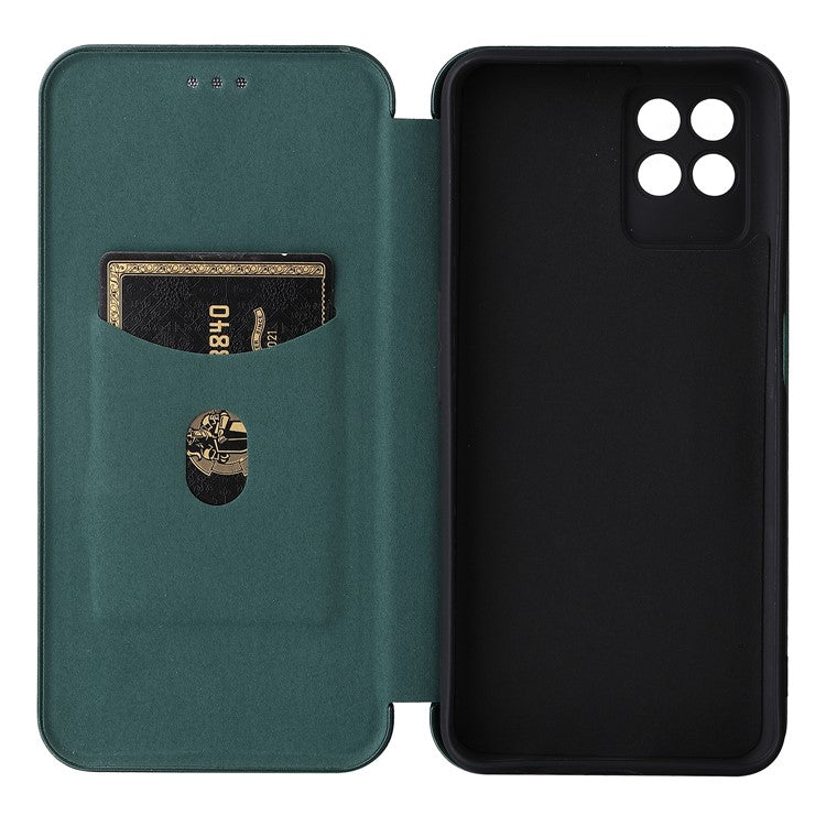 Carbon Fiber Texture Auto-absorbed Leather Stand Phone Shell Case with Ring Strap for Realme 8i - Green