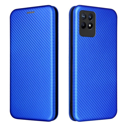 Carbon Fiber Texture Auto-absorbed Leather Stand Phone Shell Case with Ring Strap for Realme 8i - Blue