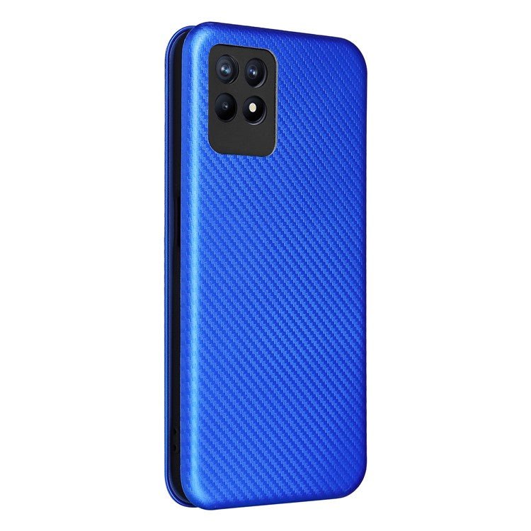 Carbon Fiber Texture Auto-absorbed Leather Stand Phone Shell Case with Ring Strap for Realme 8i - Blue