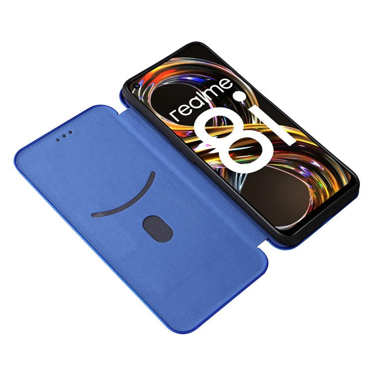Carbon Fiber Texture Auto-absorbed Leather Stand Phone Shell Case with Ring Strap for Realme 8i - Blue