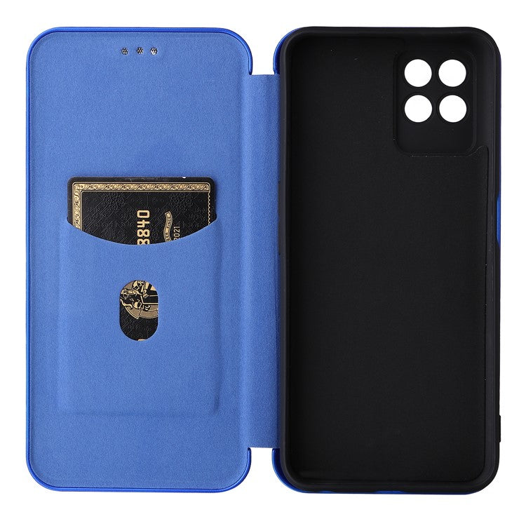 Carbon Fiber Texture Auto-absorbed Leather Stand Phone Shell Case with Ring Strap for Realme 8i - Blue