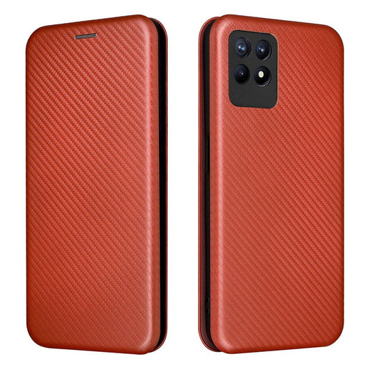 Carbon Fiber Texture Auto-absorbed Leather Stand Phone Shell Case with Ring Strap for Realme 8i - Orange