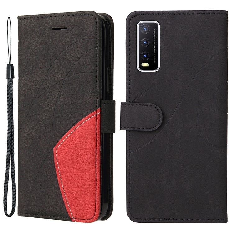 KT Leather Series-1 Bi-color Splicing PU Leather Wallet Stand Flip Phone Case with Strap for vivo Y20 / Y20s / Y20A / Y20i / Y20G / Y20s [G] / Y11s/ Y12a / Y12s - Black
