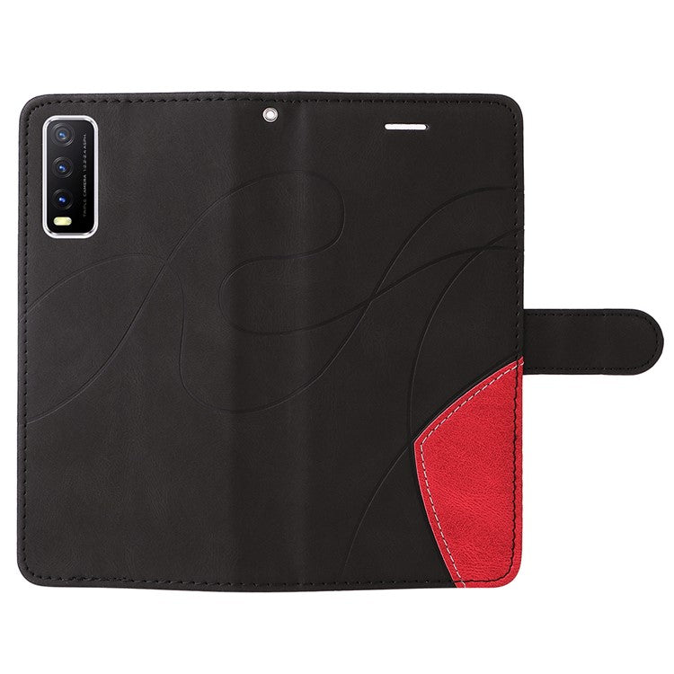 KT Leather Series-1 Bi-color Splicing PU Leather Wallet Stand Flip Phone Case with Strap for vivo Y20 / Y20s / Y20A / Y20i / Y20G / Y20s [G] / Y11s/ Y12a / Y12s - Black