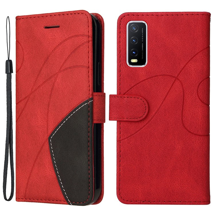 KT Leather Series-1 Bi-color Splicing PU Leather Wallet Stand Flip Phone Case with Strap for vivo Y20 / Y20s / Y20A / Y20i / Y20G / Y20s [G] / Y11s/ Y12a / Y12s - Red