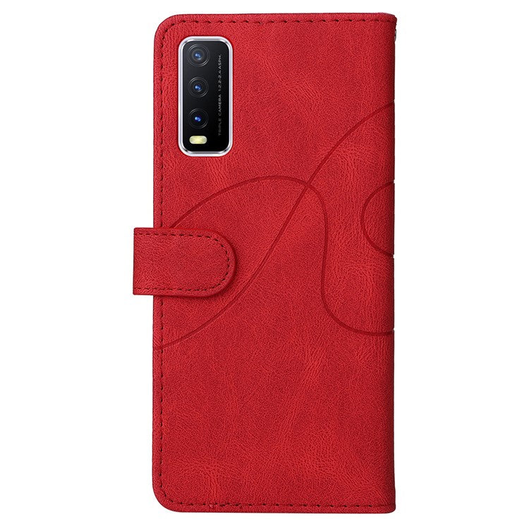 KT Leather Series-1 Bi-color Splicing PU Leather Wallet Stand Flip Phone Case with Strap for vivo Y20 / Y20s / Y20A / Y20i / Y20G / Y20s [G] / Y11s/ Y12a / Y12s - Red