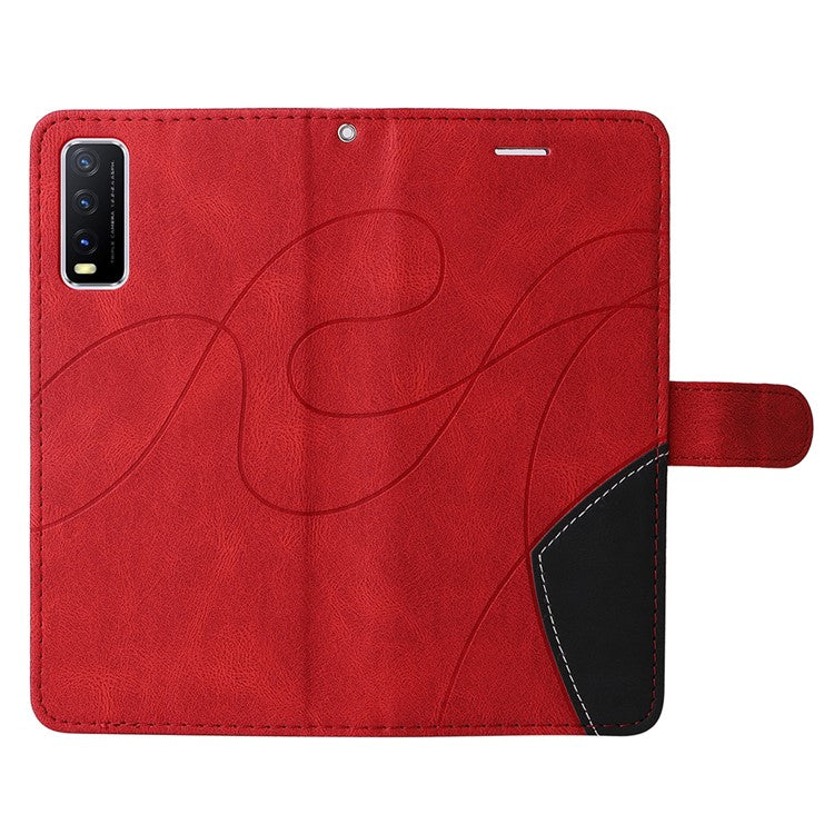 KT Leather Series-1 Bi-color Splicing PU Leather Wallet Stand Flip Phone Case with Strap for vivo Y20 / Y20s / Y20A / Y20i / Y20G / Y20s [G] / Y11s/ Y12a / Y12s - Red