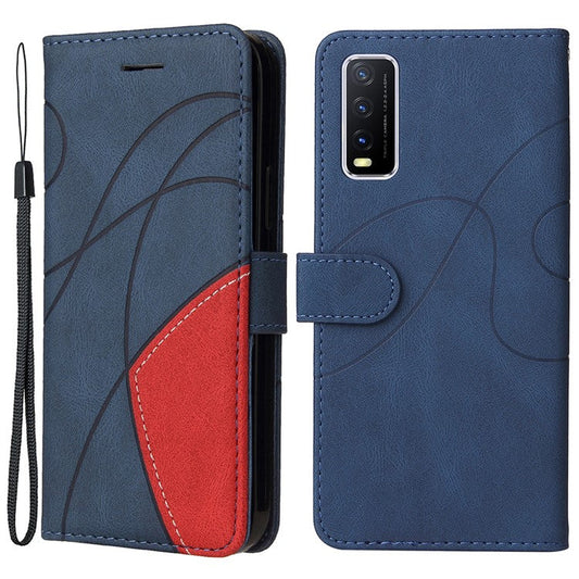 KT Leather Series-1 Bi-color Splicing PU Leather Wallet Stand Flip Phone Case with Strap for vivo Y20 / Y20s / Y20A / Y20i / Y20G / Y20s [G] / Y11s/ Y12a / Y12s - Blue