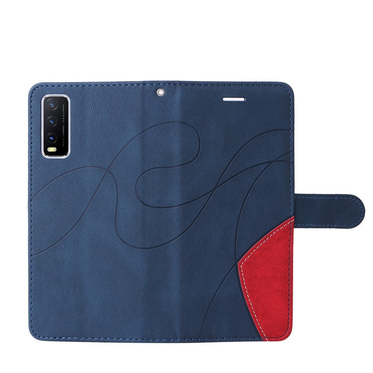 KT Leather Series-1 Bi-color Splicing PU Leather Wallet Stand Flip Phone Case with Strap for vivo Y20 / Y20s / Y20A / Y20i / Y20G / Y20s [G] / Y11s/ Y12a / Y12s - Blue