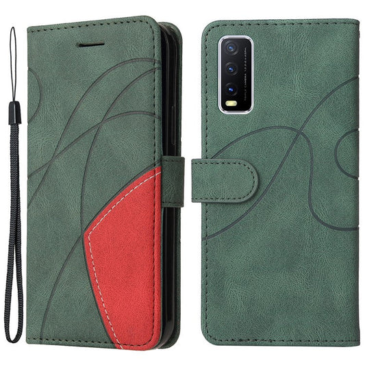 KT Leather Series-1 Bi-color Splicing PU Leather Wallet Stand Flip Phone Case with Strap for vivo Y20 / Y20s / Y20A / Y20i / Y20G / Y20s [G] / Y11s/ Y12a / Y12s - Green
