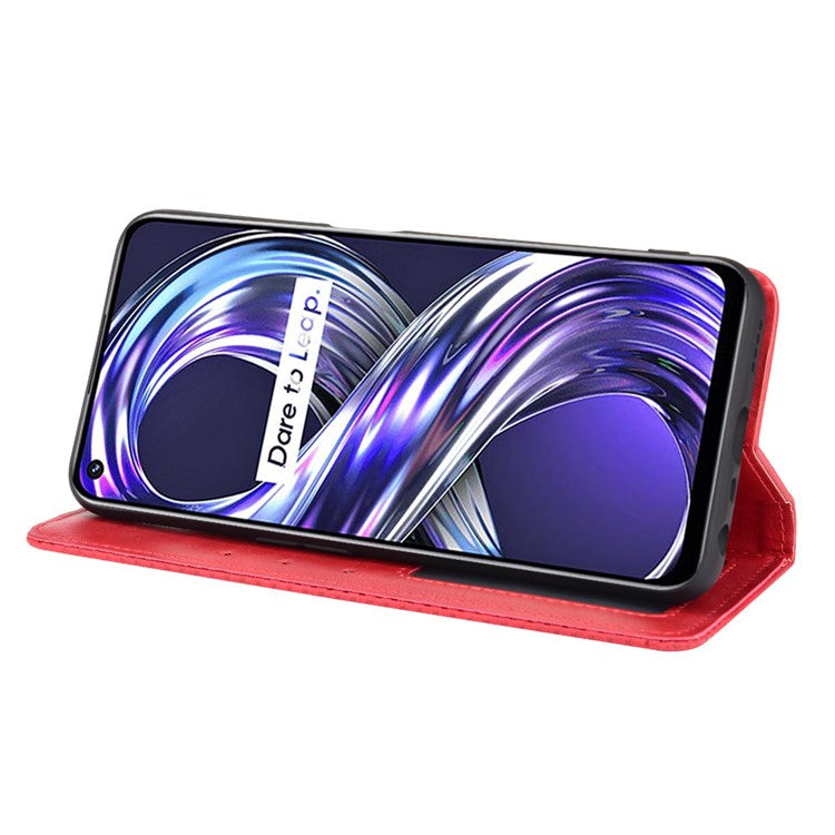 For Realme 8i Retro Textured Surface Shockproof Wallet Stand Well-Protected Phone Leather Case - Red