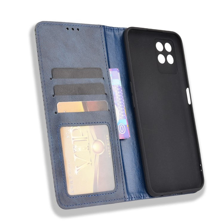 For Realme 8i Retro Textured Surface Shockproof Wallet Stand Well-Protected Phone Leather Case - Blue